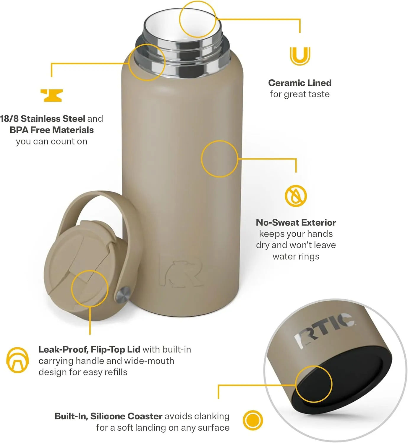 RTIC 32oz Outback Bottle, Insulated, Stainless Steel, Metal, Double Wall Vacuum-Insulation, Ceramic Lined, Leak-Proof Lid, BPA-Free Water Flask for Hiking, Running, Sports, Outdoor, Beach