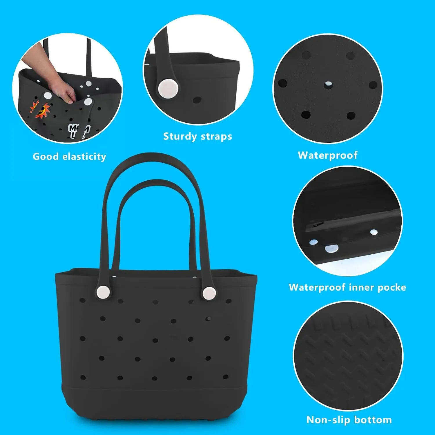 Rubber Beach Tote Bag - Waterproof Washable Durable Open Purses with Zipper Pocket and Phone Pouch for Pool Boat