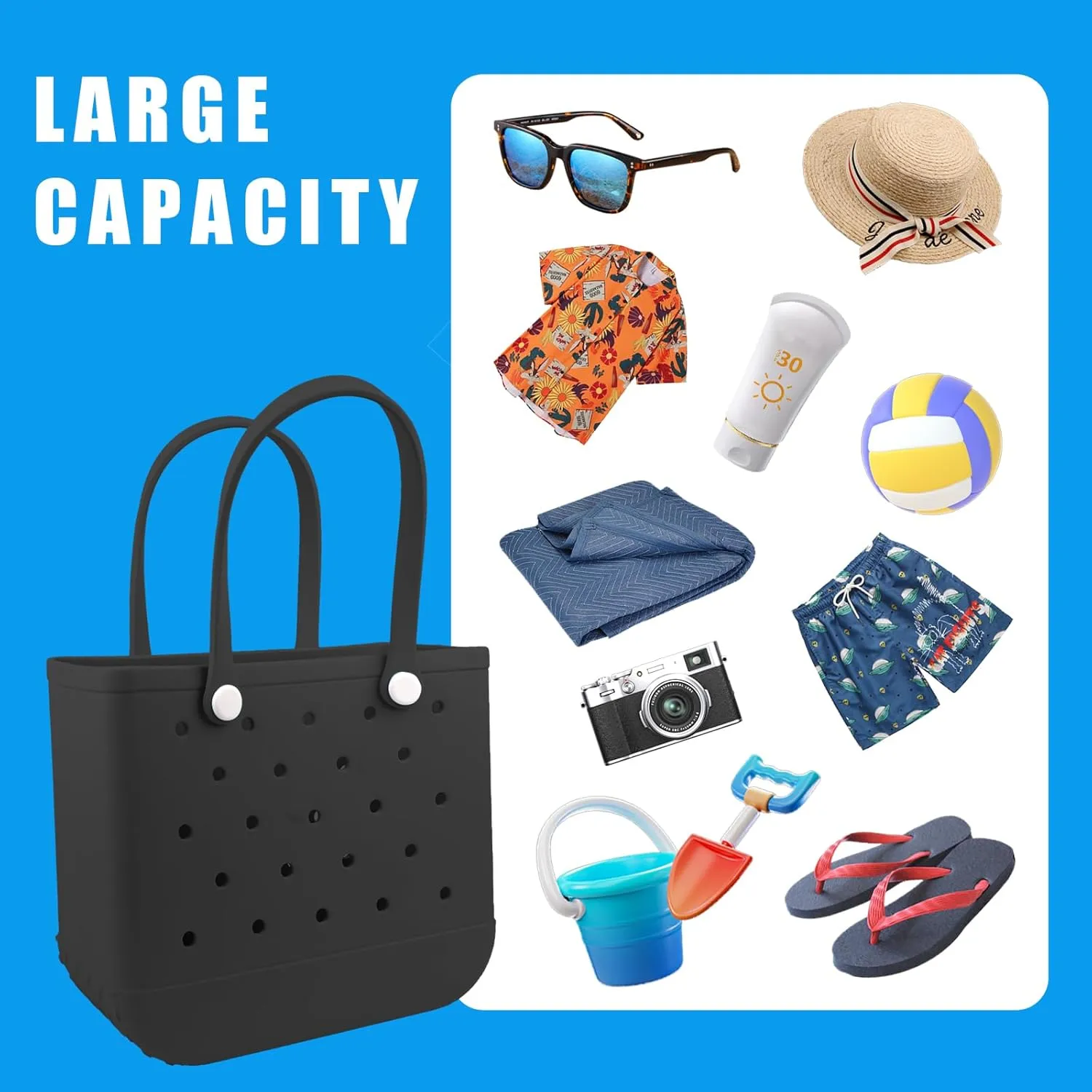 Rubber Beach Tote Bag - Waterproof Washable Durable Open Purses with Zipper Pocket and Phone Pouch for Pool Boat