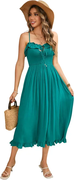 R.Vivimos Womens Summer Cotton Spaghetti Straps V-Neck Ruffle Casual Boho Midi Flowy Dress