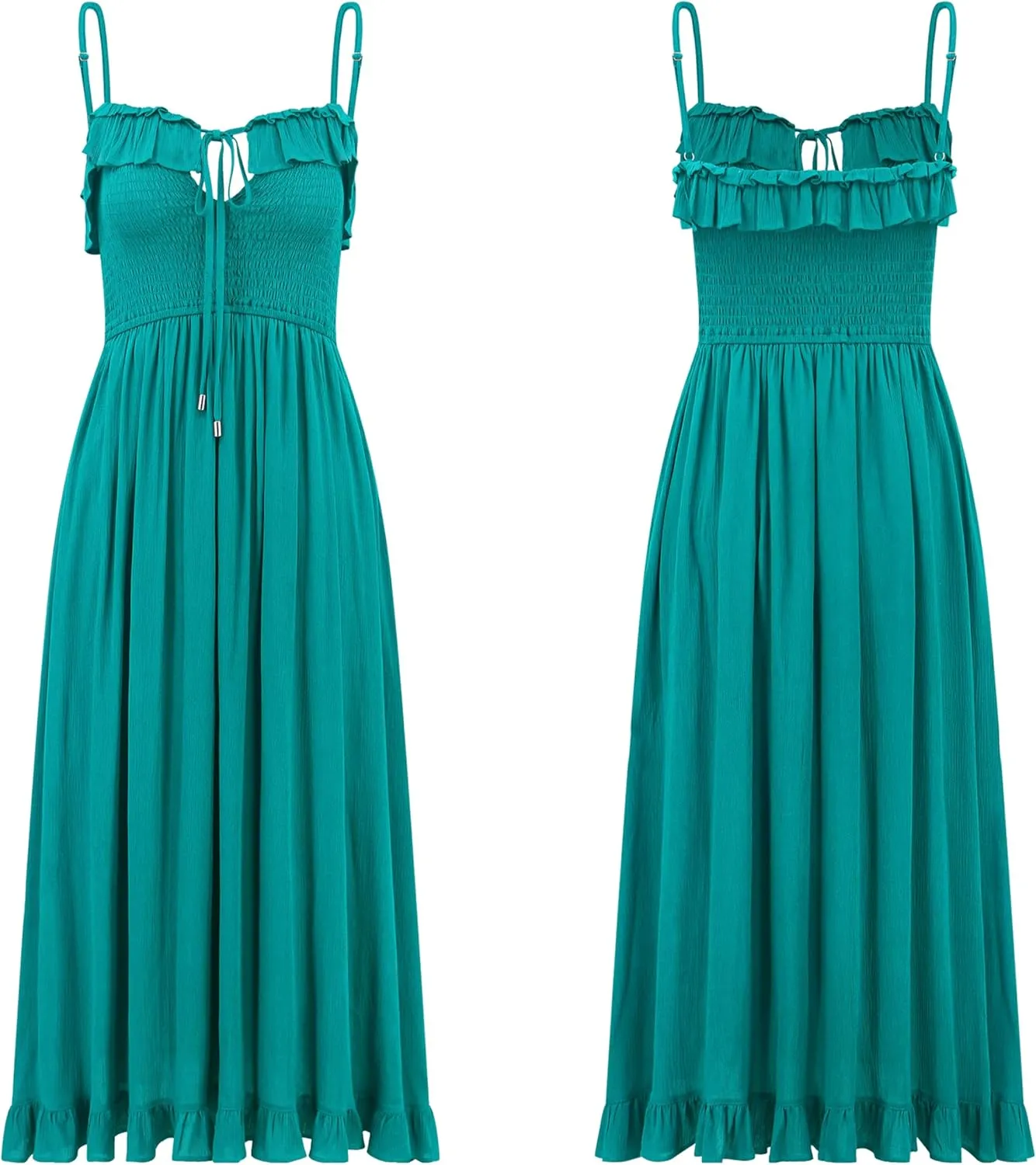 R.Vivimos Womens Summer Cotton Spaghetti Straps V-Neck Ruffle Casual Boho Midi Flowy Dress