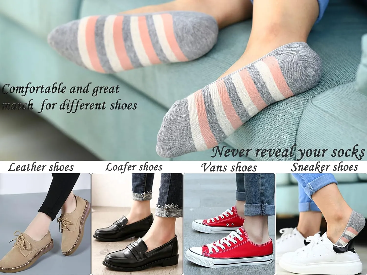 RYI 5-Pack No Show Socks for Women Size 6-9 Ankle Invisible Non-slip Athletic Socks