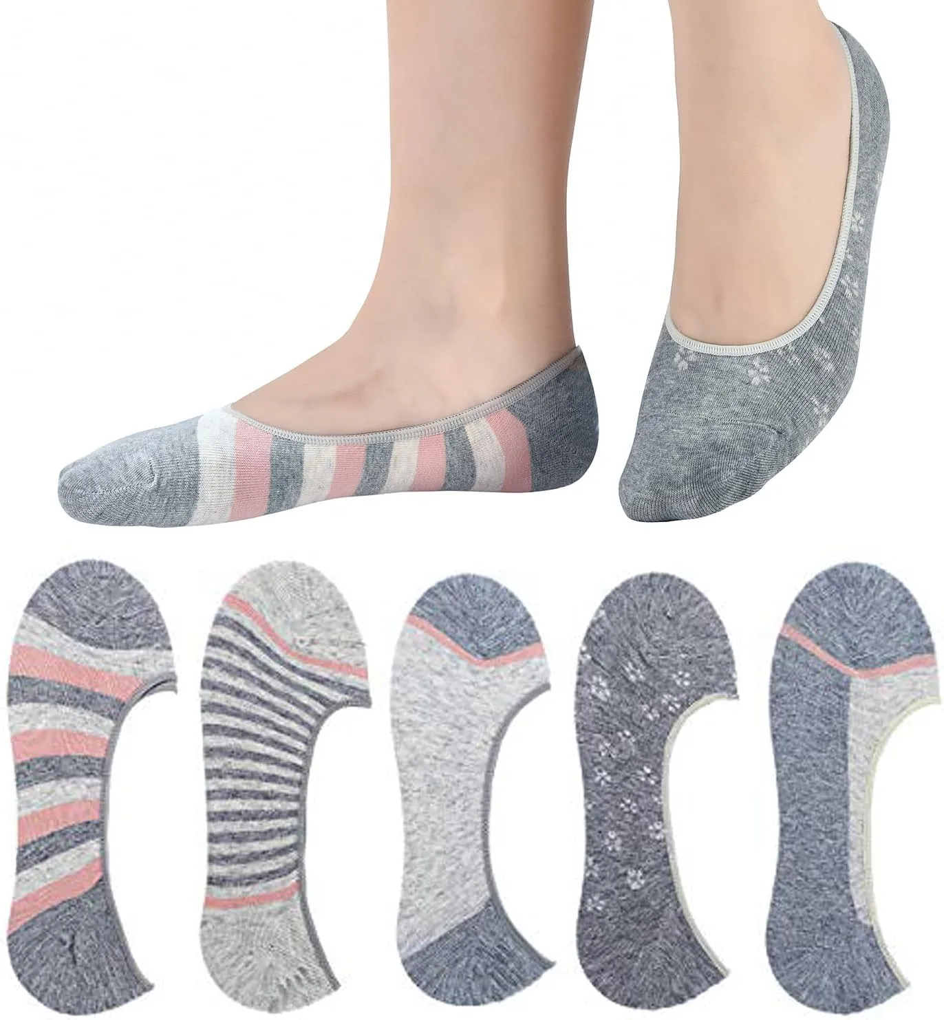 RYI 5-Pack No Show Socks for Women Size 6-9 Ankle Invisible Non-slip Athletic Socks