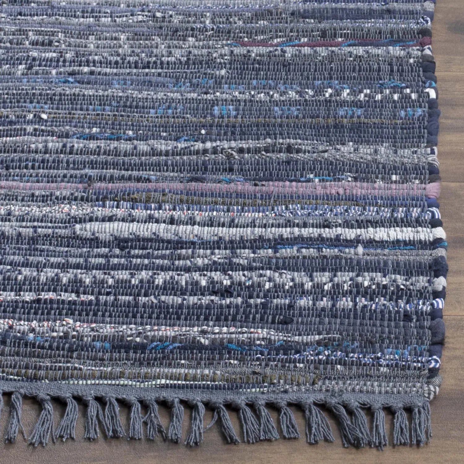 SAFAVIEH Rag Rug Collection Area Rug - 8' x 10', Ink & Multi, Handmade Boho Stripe Cotton, Ideal for High Traffic Areas in Living Room, Bedroom (RAR121C)