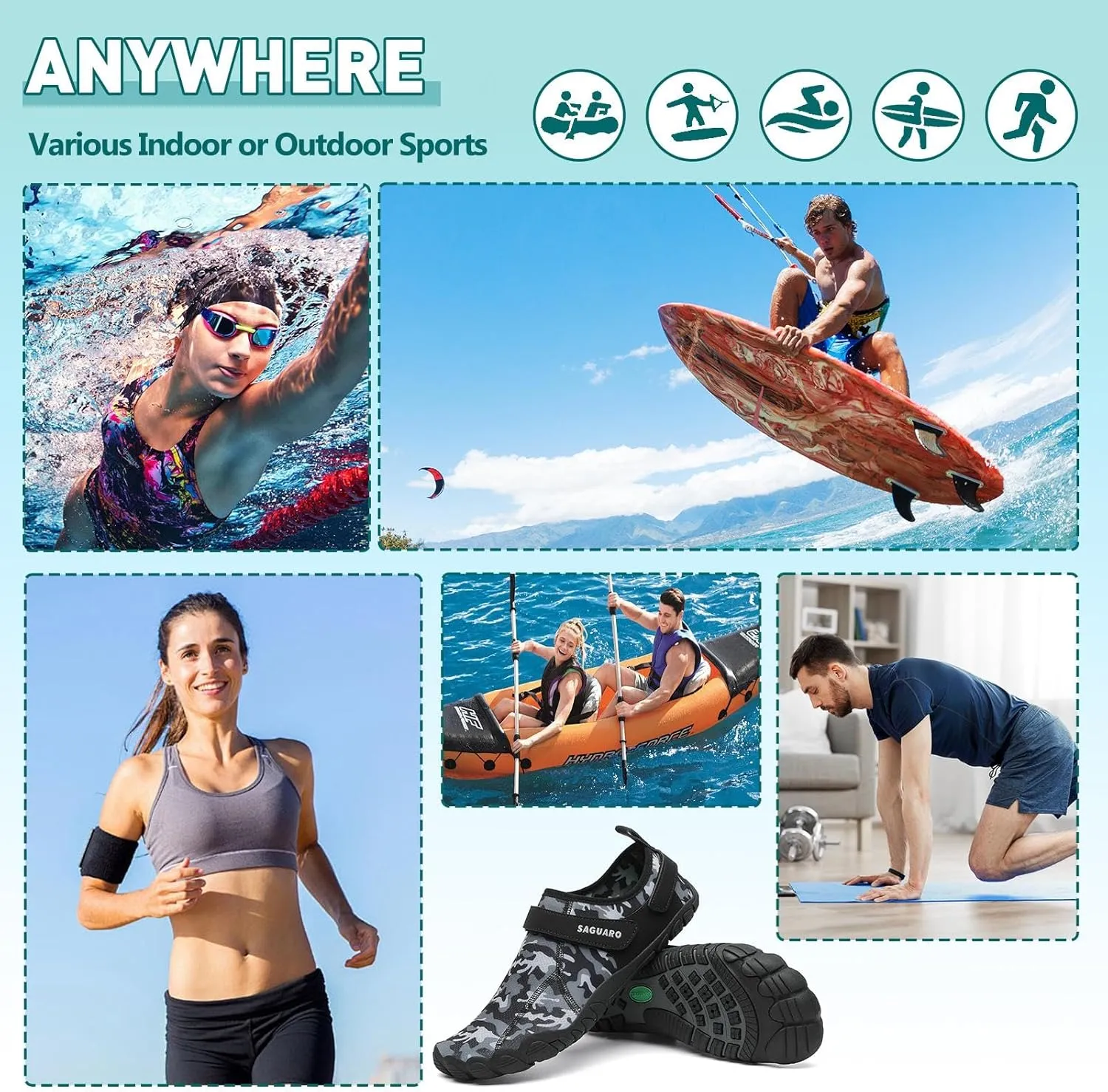 SAGUARO Women's Men's Water Shoes Quick-Dry Swiming Aqua Surf Beach Kayak Barefoot Shoes Wide Toe Box