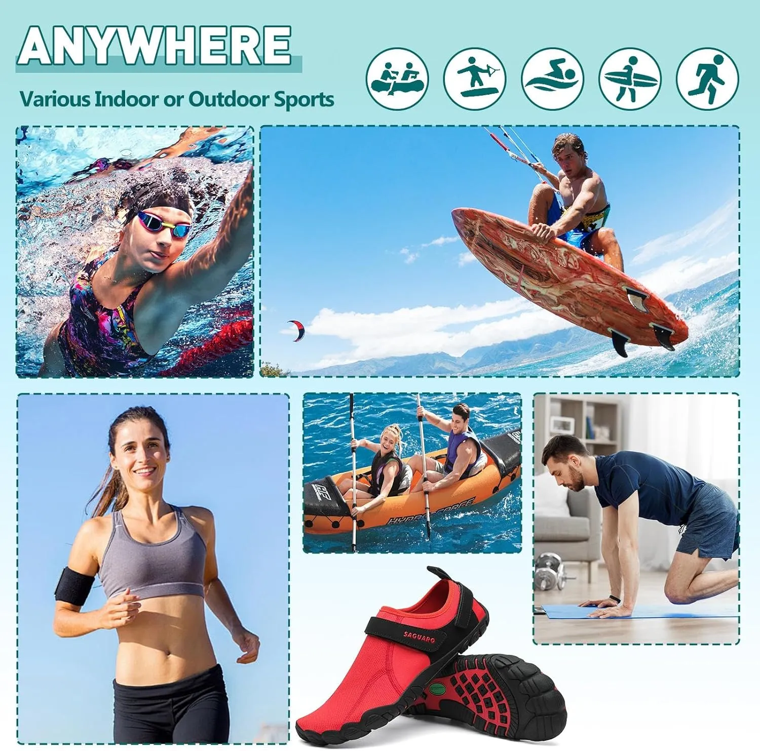 SAGUARO Women's Men's Water Shoes Quick-Dry Swiming Aqua Surf Beach Kayak Barefoot Shoes Wide Toe Box