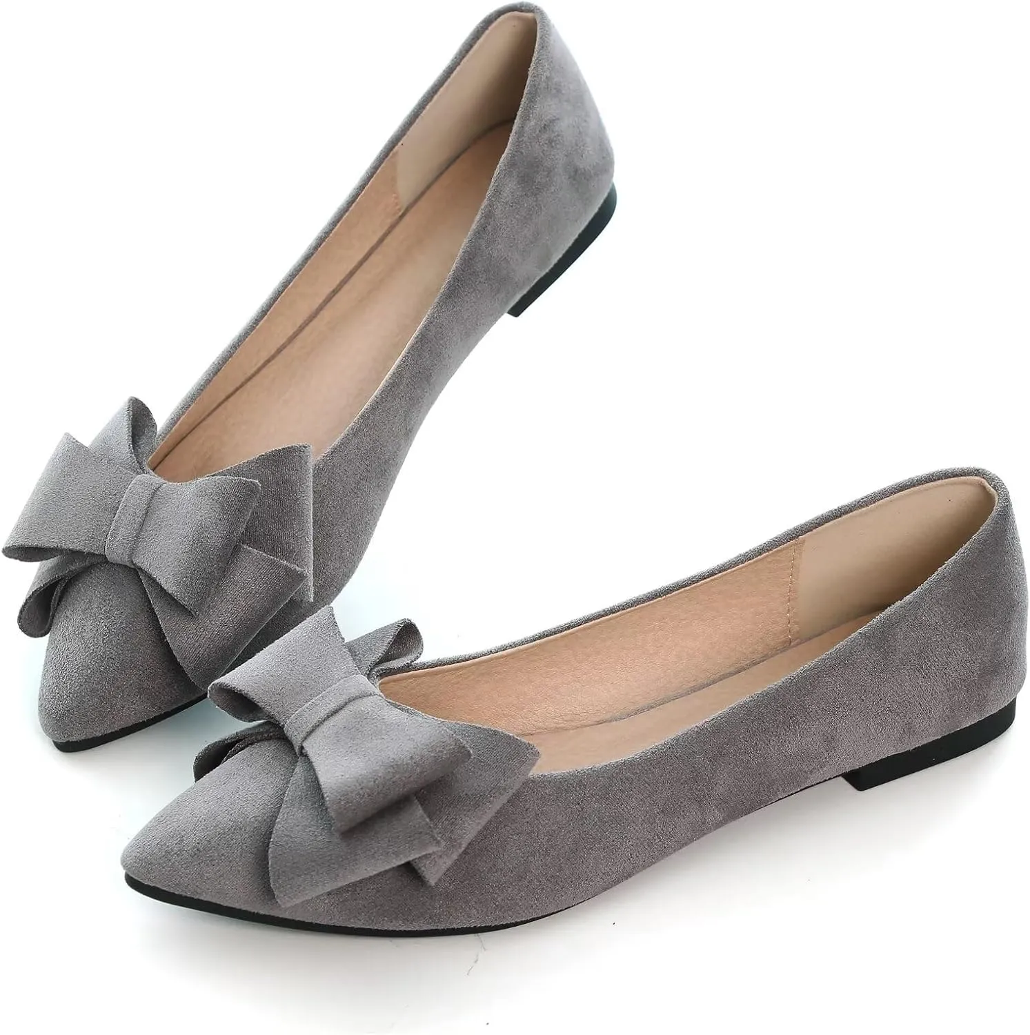 SAILING LU Bow-Knot Ballet Flats Womens Pointy Toe Flat Shoes Suede Dress Shoes Wear to Work Slip On Moccasins