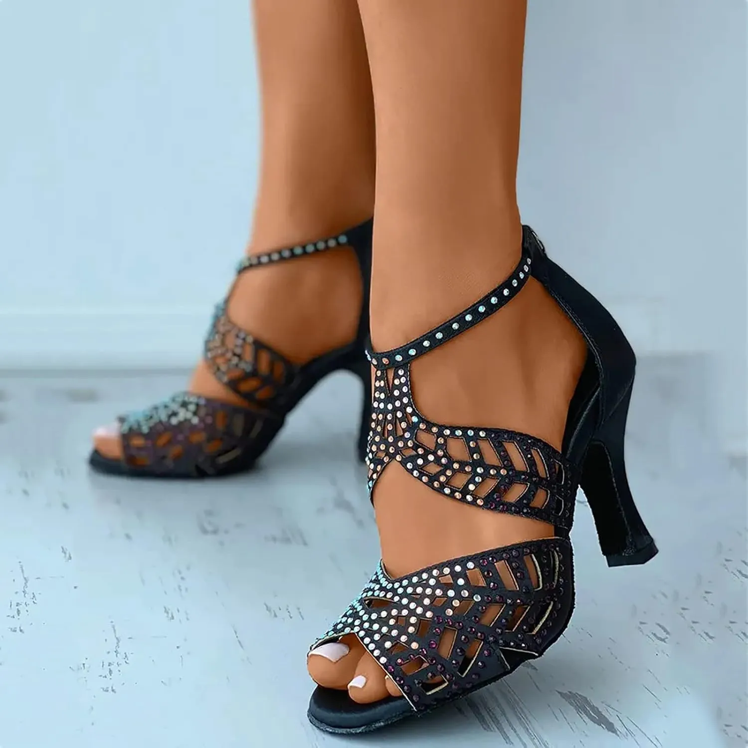 Sandals For Women Zip Back Rhinestone Cutout Toe Dance Shoes Heels Espadrille Wedges Sandals for Women Low Heel
