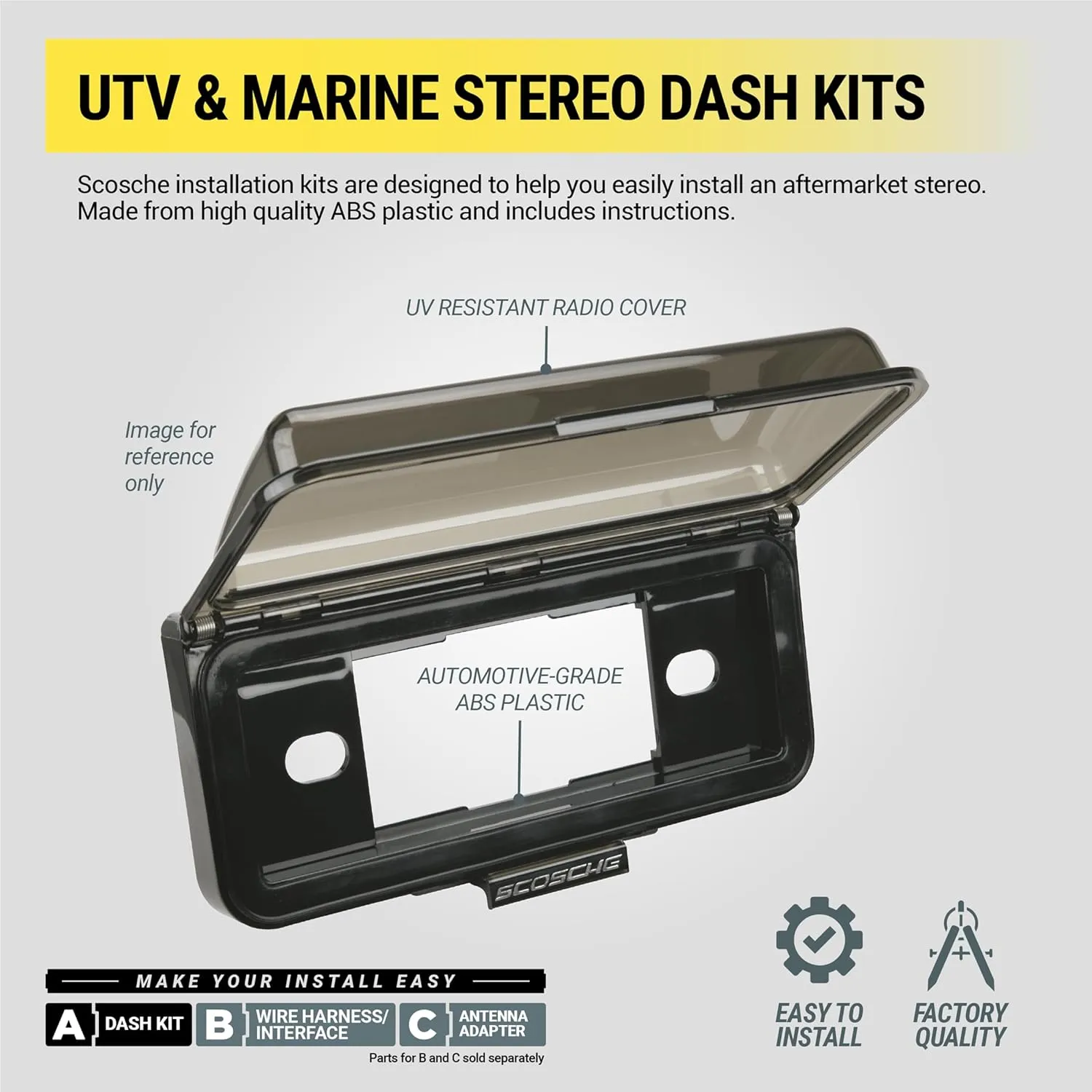 Scosche ACM5B Universal Marine Radio Cover - Water Resistant Boat Dash Radio Protector Shield with Spring Loaded Flip-Up Retractable Door, Single DIN Marine Stereo Kit - Durable Boat Accessory - Black
