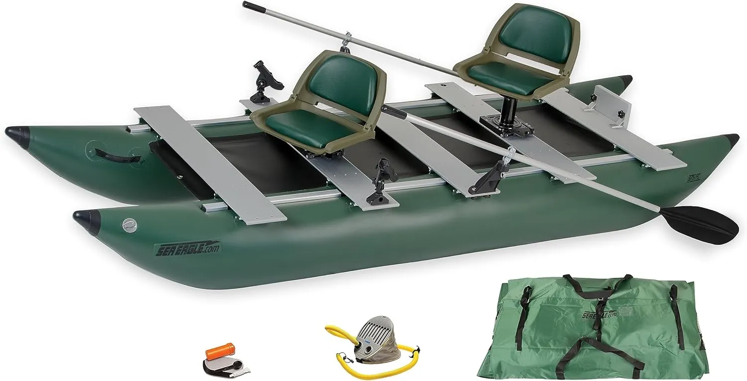 Sea Eagle 375fc FoldCat 1-2-Persons Inflatable Fishing Pontoon Boat, Lightweight & Portable, w/2 Green Swivel Seats, Pedestal, Oar Set, Scotty Rod Holders, Boat Bag, & Pump