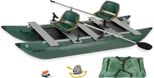 Sea Eagle 375fc FoldCat 1-2-Persons Inflatable Fishing Pontoon Boat, Lightweight & Portable, w/2 Green Swivel Seats, Pedestal, Oar Set, Scotty Rod Holders, Boat Bag, & Pump