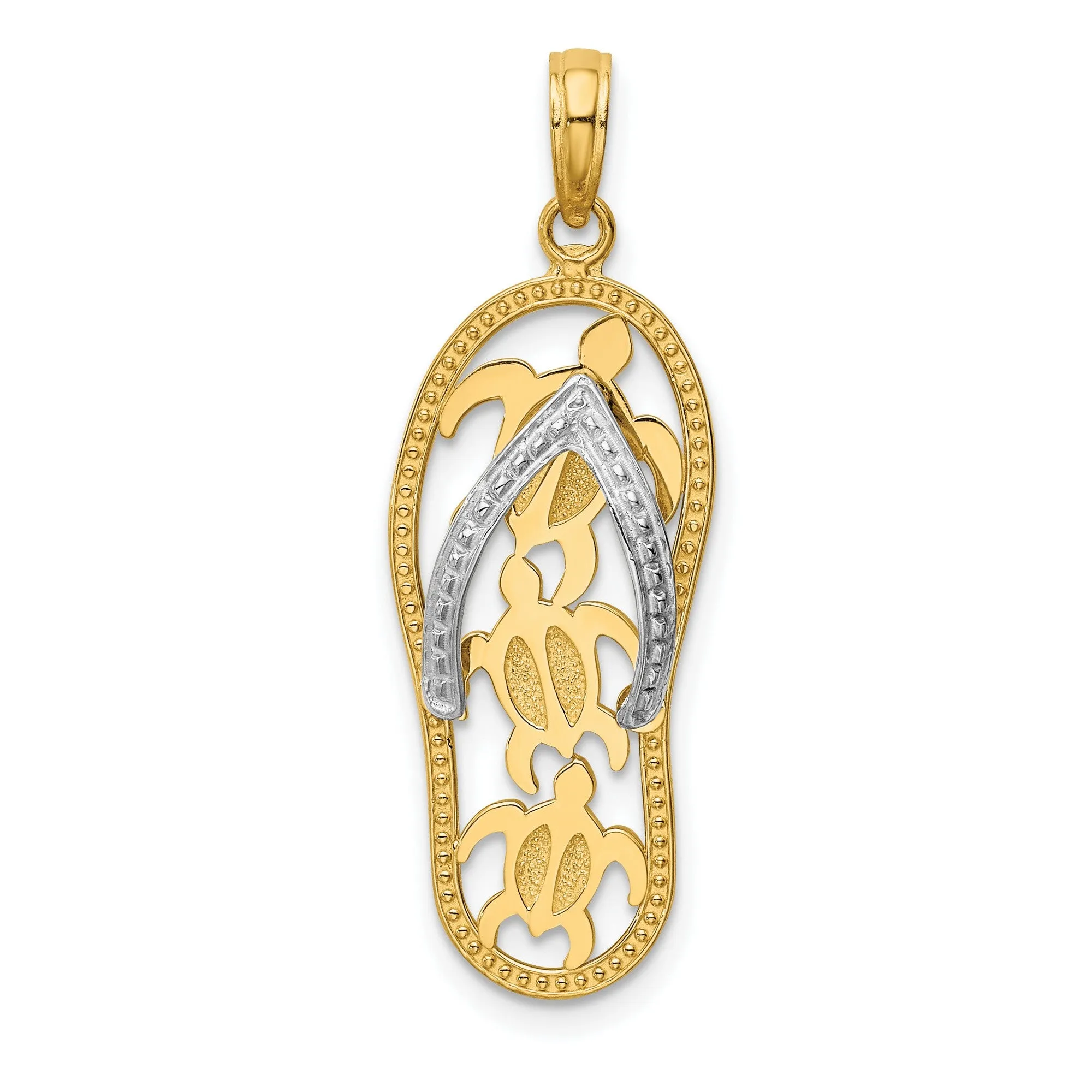 Sea Turtles on Flip Flop Sandal Charm Pendant in Real 14k Multi-Tone Gold