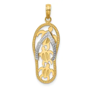 Sea Turtles on Flip Flop Sandal Charm Pendant in Real 14k Multi-Tone Gold