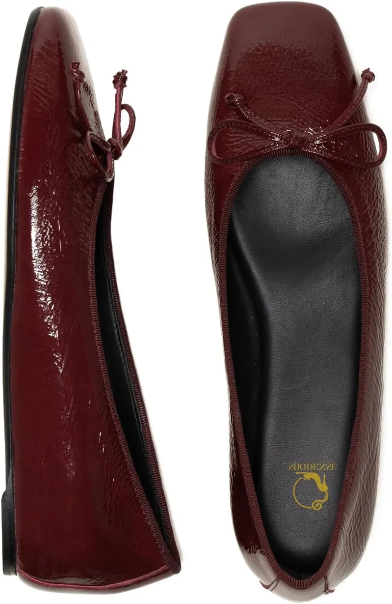 SHODENSE Women Flats Shoes Bow Square Closed Toe Ballet Flats Slip On Metallic Flat Shoe Matte Patent Leather Snakeskin Low Hidden Wedge Heel Office Work Shoes Driving Flats Church Club Fall 4-11 M US