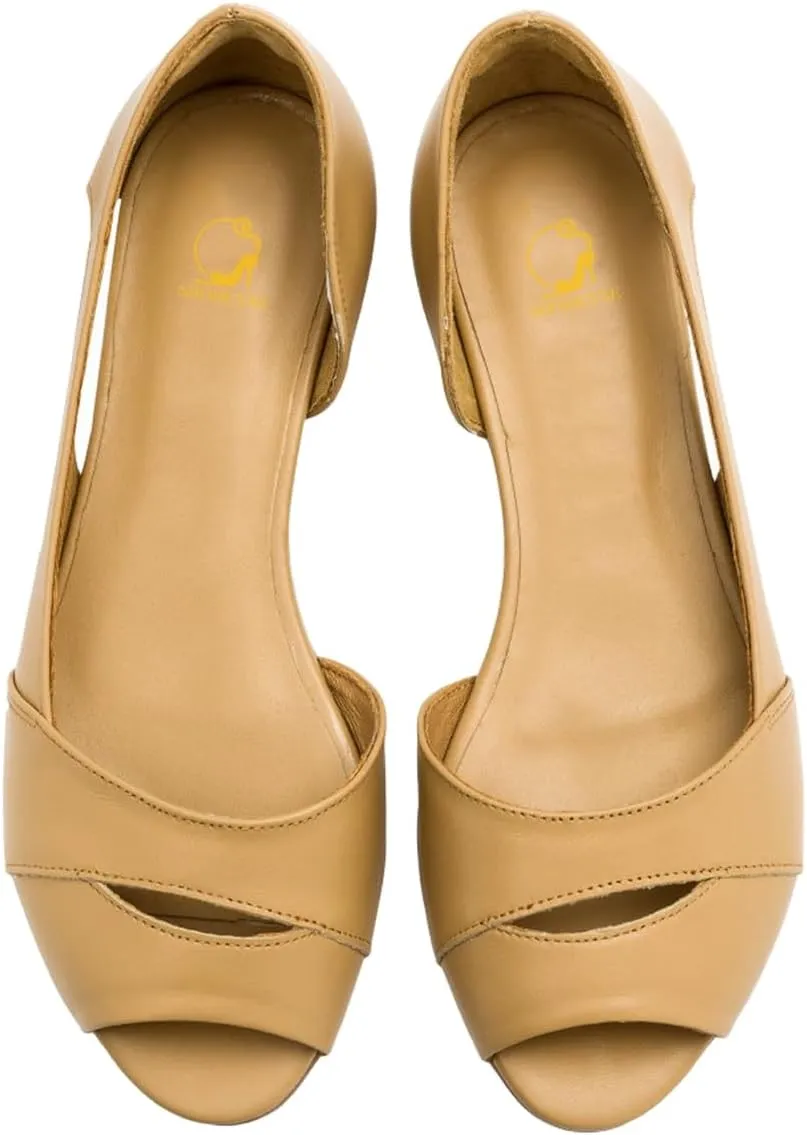 SHODENSE Women Open Peep Toe Flat Shoes Slip On Cutout Flat Sandals Round Toe Matte Leather Ballet Flats Office Work Comfort Flat Heel Summer Shoes for Ladies Girls Casual Driver Flats Club 4-11 M US
