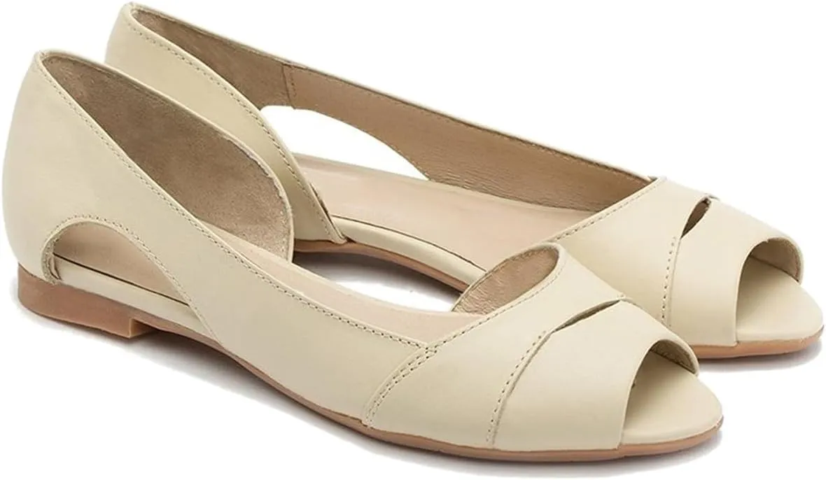 SHODENSE Women Open Peep Toe Flat Shoes Slip On Cutout Flat Sandals Round Toe Matte Leather Ballet Flats Office Work Comfort Flat Heel Summer Shoes for Ladies Girls Casual Driver Flats Club 4-11 M US