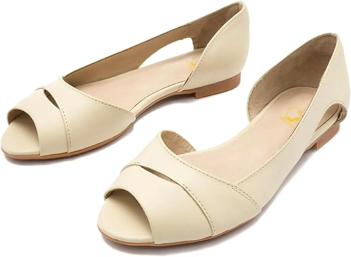 SHODENSE Women Open Peep Toe Flat Shoes Slip On Cutout Flat Sandals Round Toe Matte Leather Ballet Flats Office Work Comfort Flat Heel Summer Shoes for Ladies Girls Casual Driver Flats Club 4-11 M US