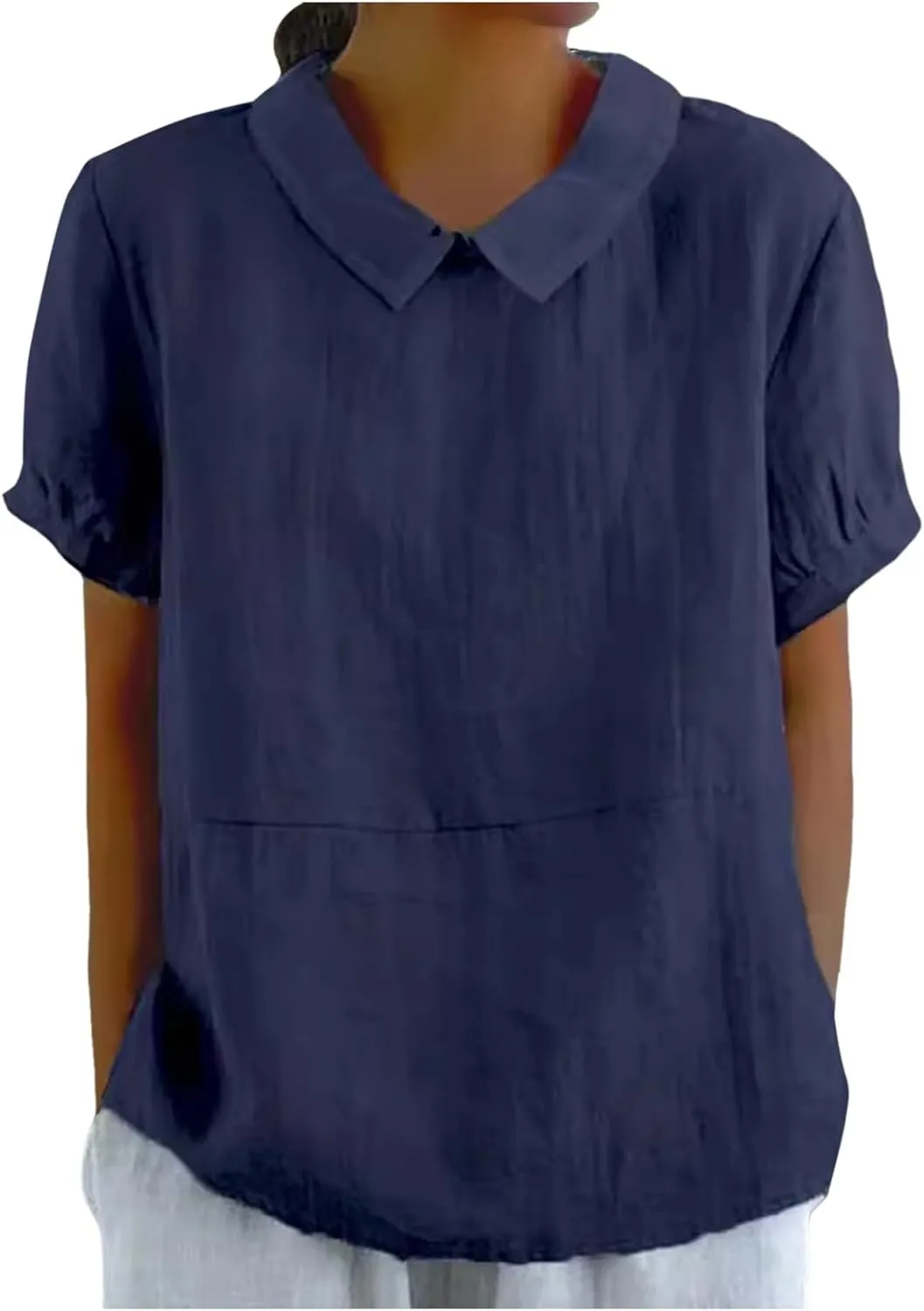 Short Sleeve Linen Shirts for Women Eyelet Summer Tops Casual Loose Blouses Gauze T-Shirts Collar Neck Basic Tee