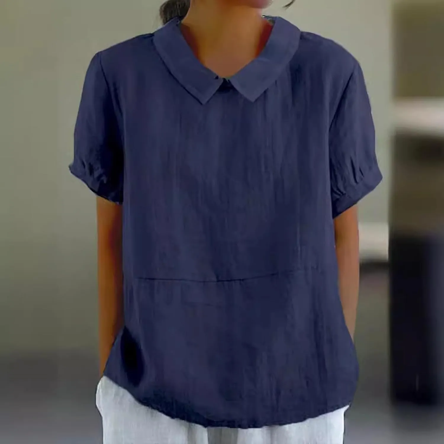 Short Sleeve Linen Shirts for Women Eyelet Summer Tops Casual Loose Blouses Gauze T-Shirts Collar Neck Basic Tee
