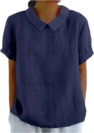 Short Sleeve Linen Shirts for Women Eyelet Summer Tops Casual Loose Blouses Gauze T-Shirts Collar Neck Basic Tee