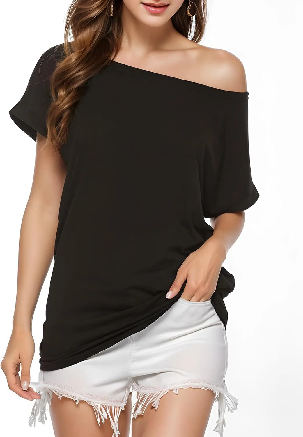 Short Sleeve Shirts for Women Off The Shoulder Oversized Tshirts Date Night Flowy Boat Neck Tops