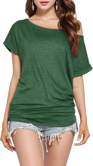Short Sleeve Shirts for Women Off The Shoulder Oversized Tshirts Date Night Flowy Boat Neck Tops