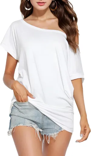 Short Sleeve Shirts for Women Off The Shoulder Oversized Tshirts Date Night Flowy Boat Neck Tops