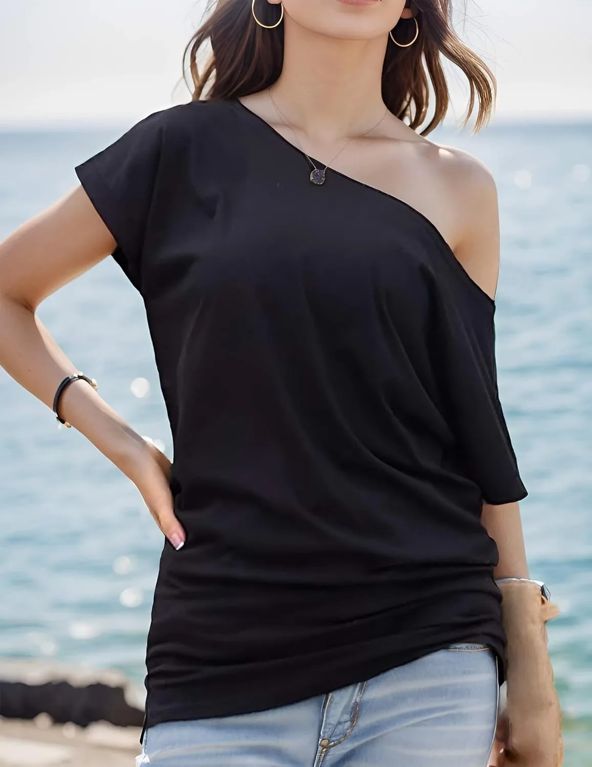 Short Sleeve Shirts for Women Off The Shoulder Oversized Tshirts Date Night Flowy Boat Neck Tops