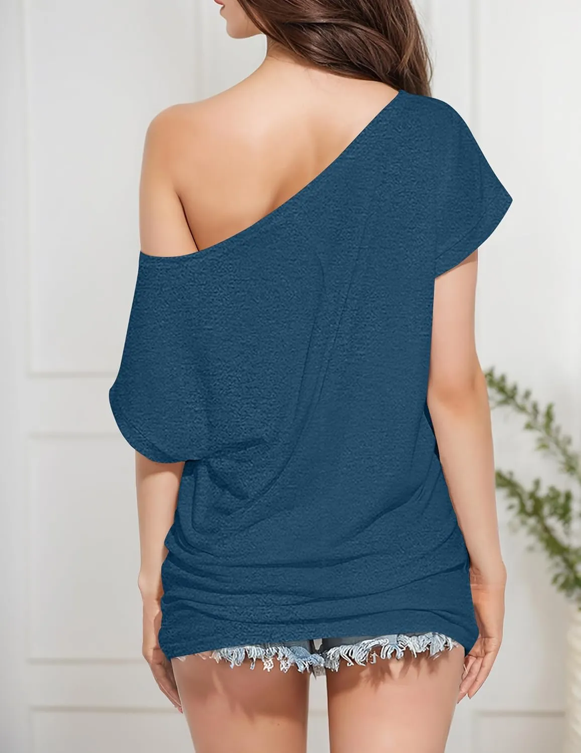 Short Sleeve Shirts for Women Off The Shoulder Oversized Tshirts Date Night Flowy Boat Neck Tops