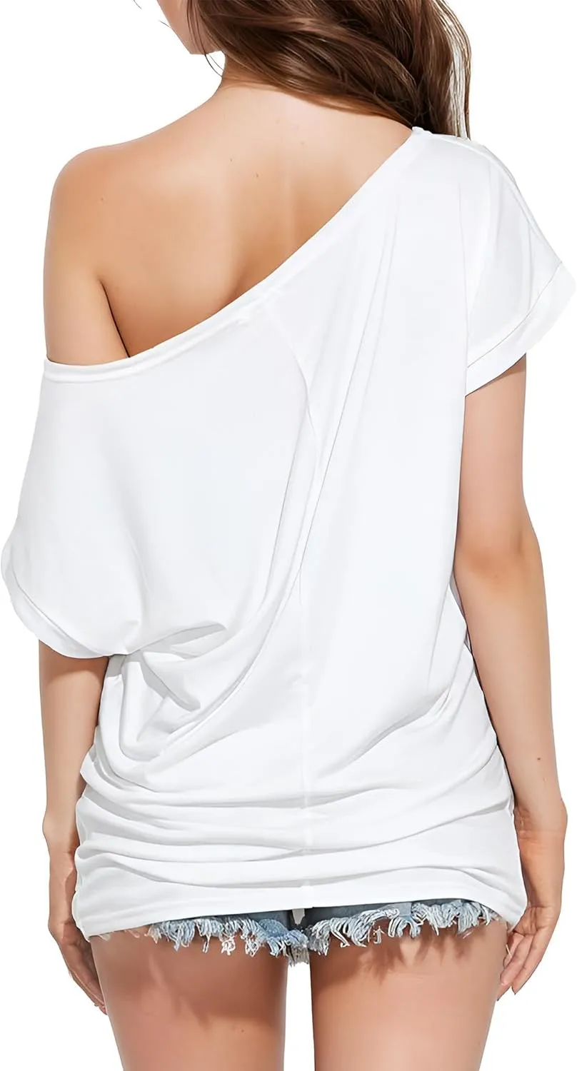 Short Sleeve Shirts for Women Off The Shoulder Oversized Tshirts Date Night Flowy Boat Neck Tops