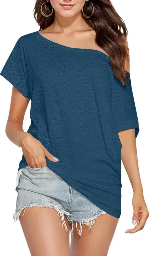 Short Sleeve Shirts for Women Off The Shoulder Oversized Tshirts Date Night Flowy Boat Neck Tops