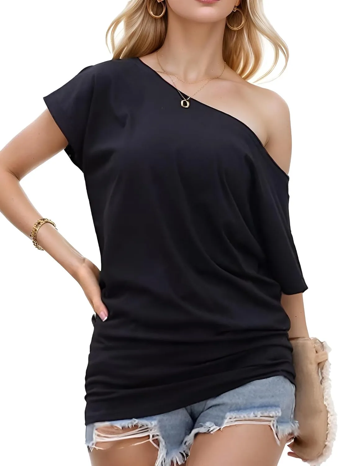 Short Sleeve Shirts for Women Off The Shoulder Oversized Tshirts Date Night Flowy Boat Neck Tops