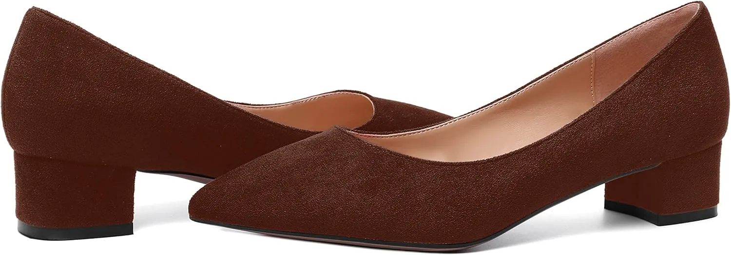 SHOWFOREST Womens Business Slip On Formal Suede Pointed Toe Solid Thick Chunky Low Heel Pumps Shoes 1.5 Inch
