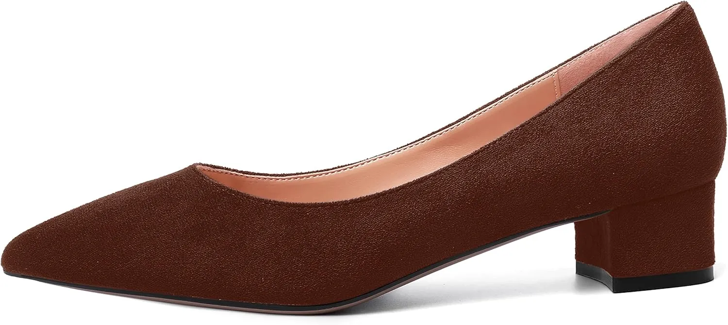 SHOWFOREST Womens Business Slip On Formal Suede Pointed Toe Solid Thick Chunky Low Heel Pumps Shoes 1.5 Inch