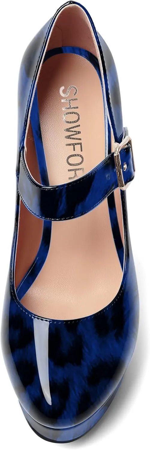 SHOWFOREST Womens Slip On Adjustable Strap Patent Party Platform Sexy Round Toe Block High Heel Pumps Shoes 5 Inch