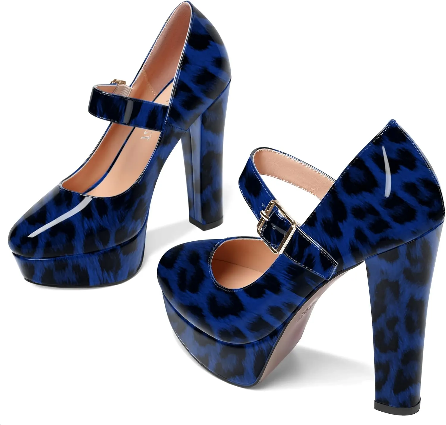 SHOWFOREST Womens Slip On Adjustable Strap Patent Party Platform Sexy Round Toe Block High Heel Pumps Shoes 5 Inch