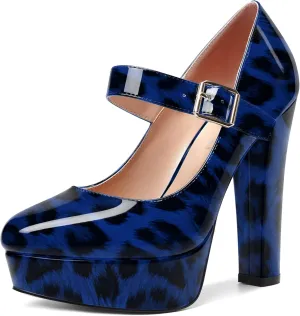 SHOWFOREST Womens Slip On Adjustable Strap Patent Party Platform Sexy Round Toe Block High Heel Pumps Shoes 5 Inch