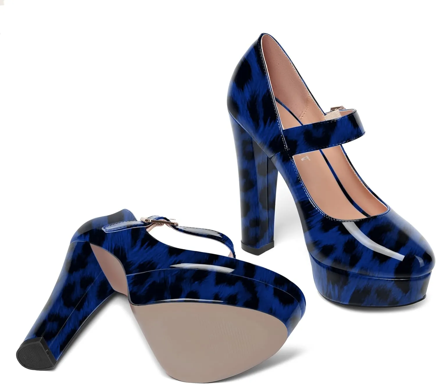 SHOWFOREST Womens Slip On Adjustable Strap Patent Party Platform Sexy Round Toe Block High Heel Pumps Shoes 5 Inch