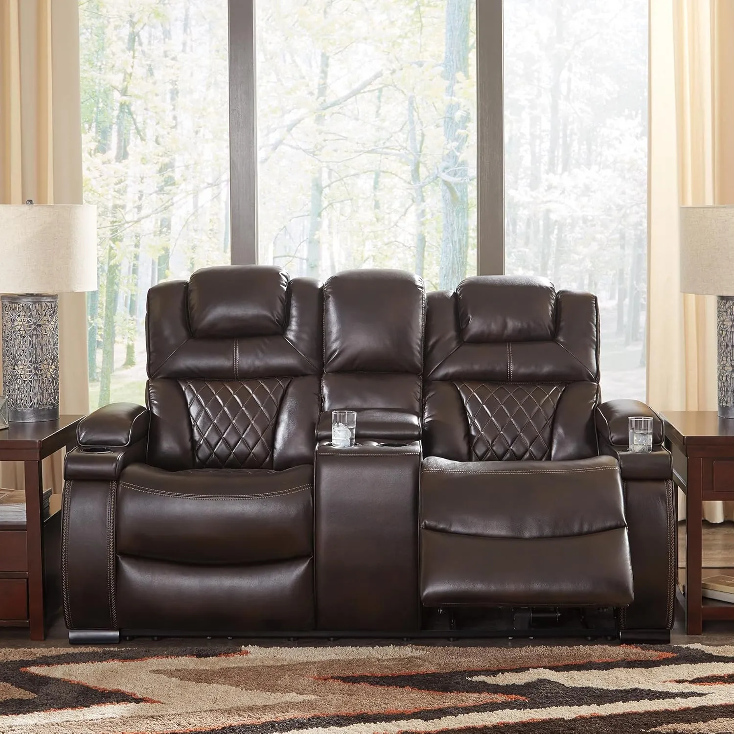 Signature Design by Ashley Warnerton Faux Leather Power Reclining Loveseat with Center Console, Brown