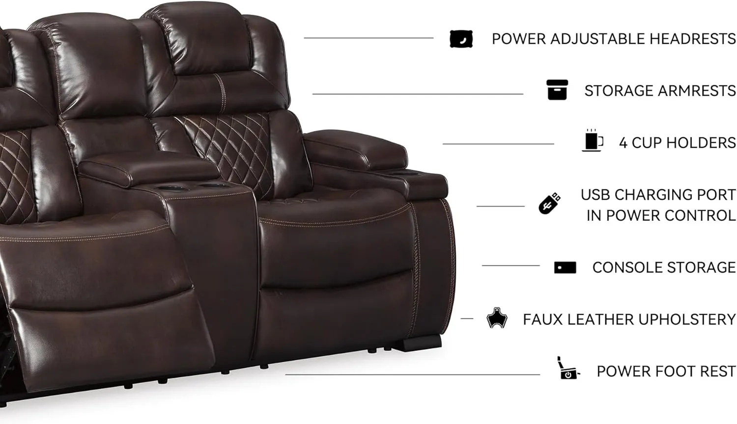 Signature Design by Ashley Warnerton Faux Leather Power Reclining Loveseat with Center Console, Brown