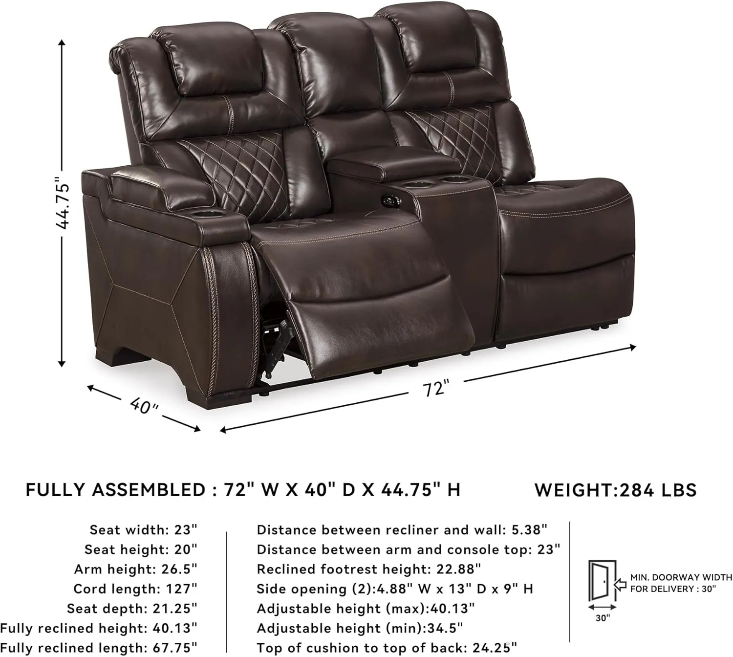 Signature Design by Ashley Warnerton Faux Leather Power Reclining Loveseat with Center Console, Brown