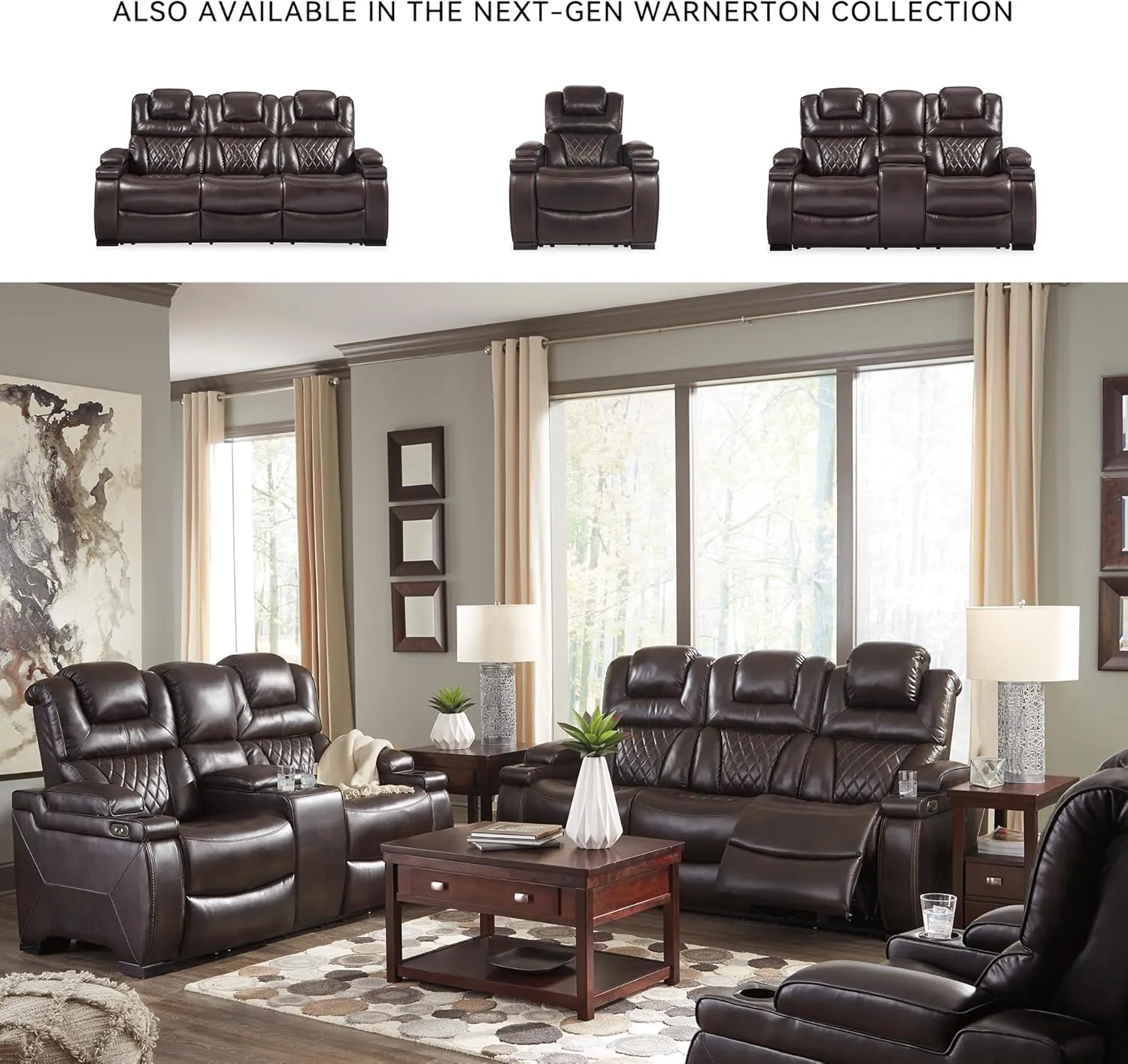 Signature Design by Ashley Warnerton Faux Leather Power Reclining Loveseat with Center Console, Brown