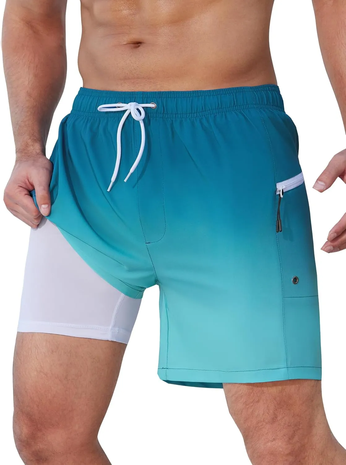 SILKWORLD Men's Swim Trunks Quick Dry Swimming Shorts 6 Inch Bathing Suits with Compression Liner and Zipper Pockets