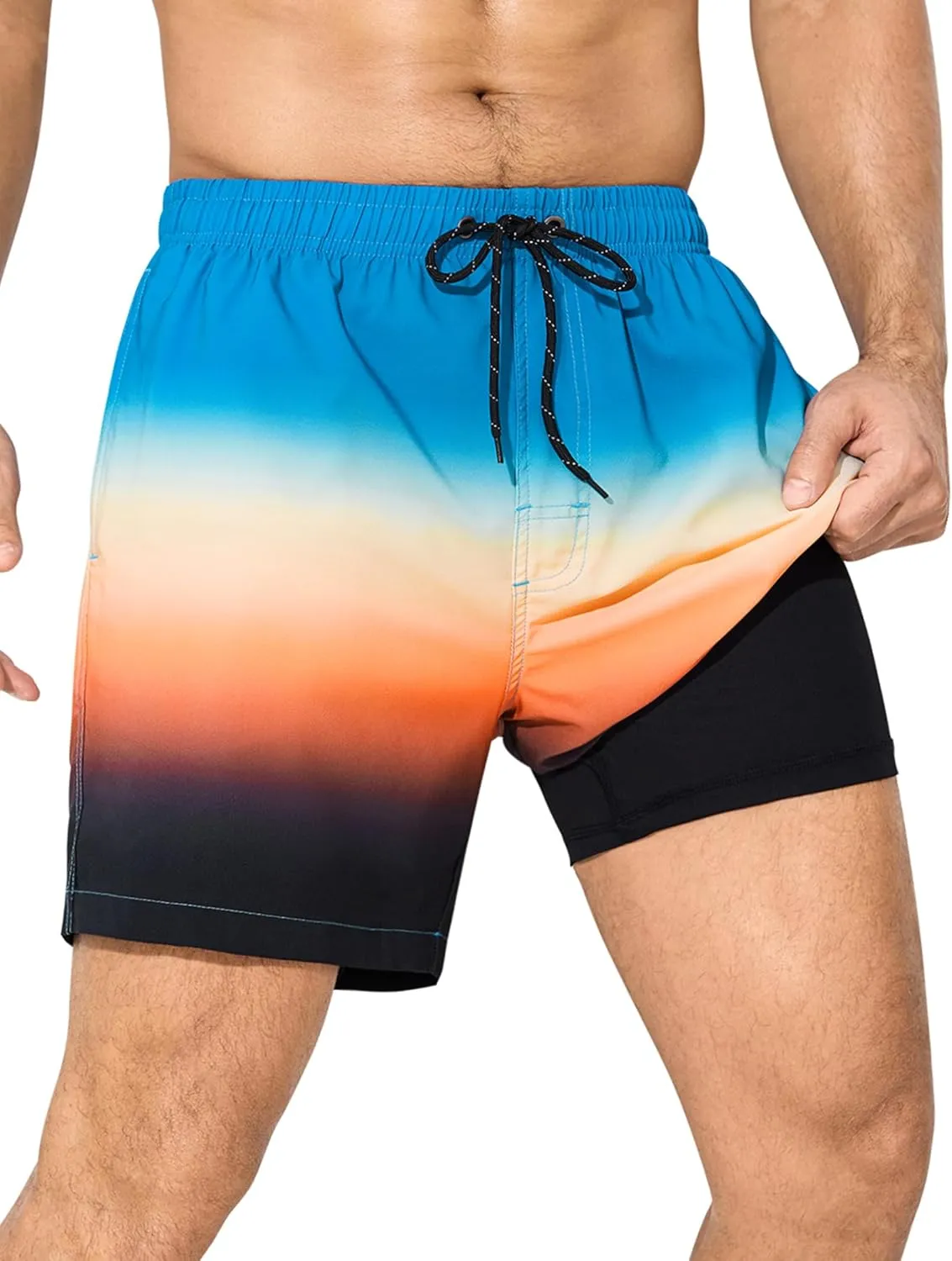 SILKWORLD Mens Swim Trunks with Compression Liner 6 Inch Inseam Quick Dry Beach Shorts Bathing Suit with Zipper Pockets