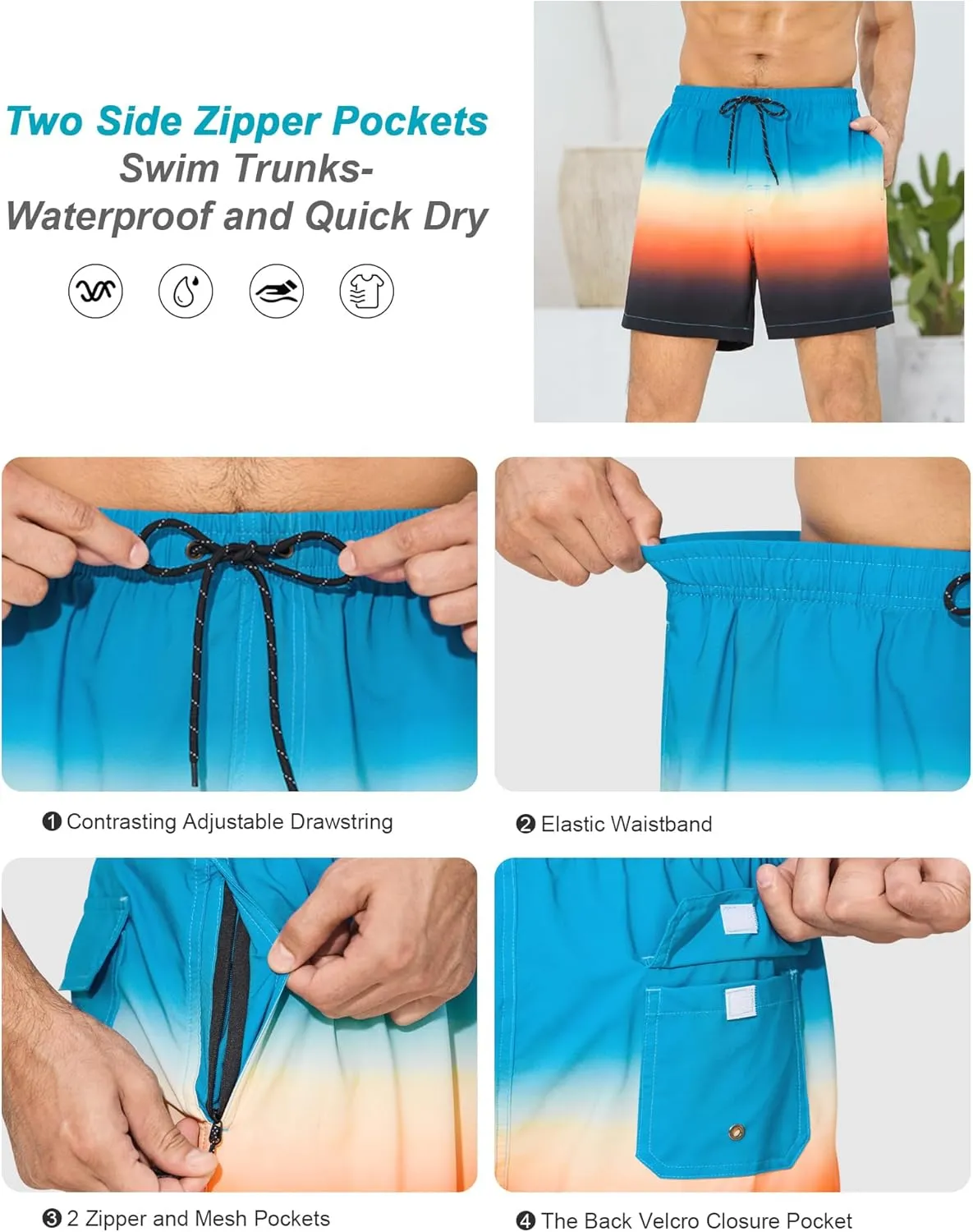 SILKWORLD Mens Swim Trunks with Compression Liner 6 Inch Inseam Quick Dry Beach Shorts Bathing Suit with Zipper Pockets