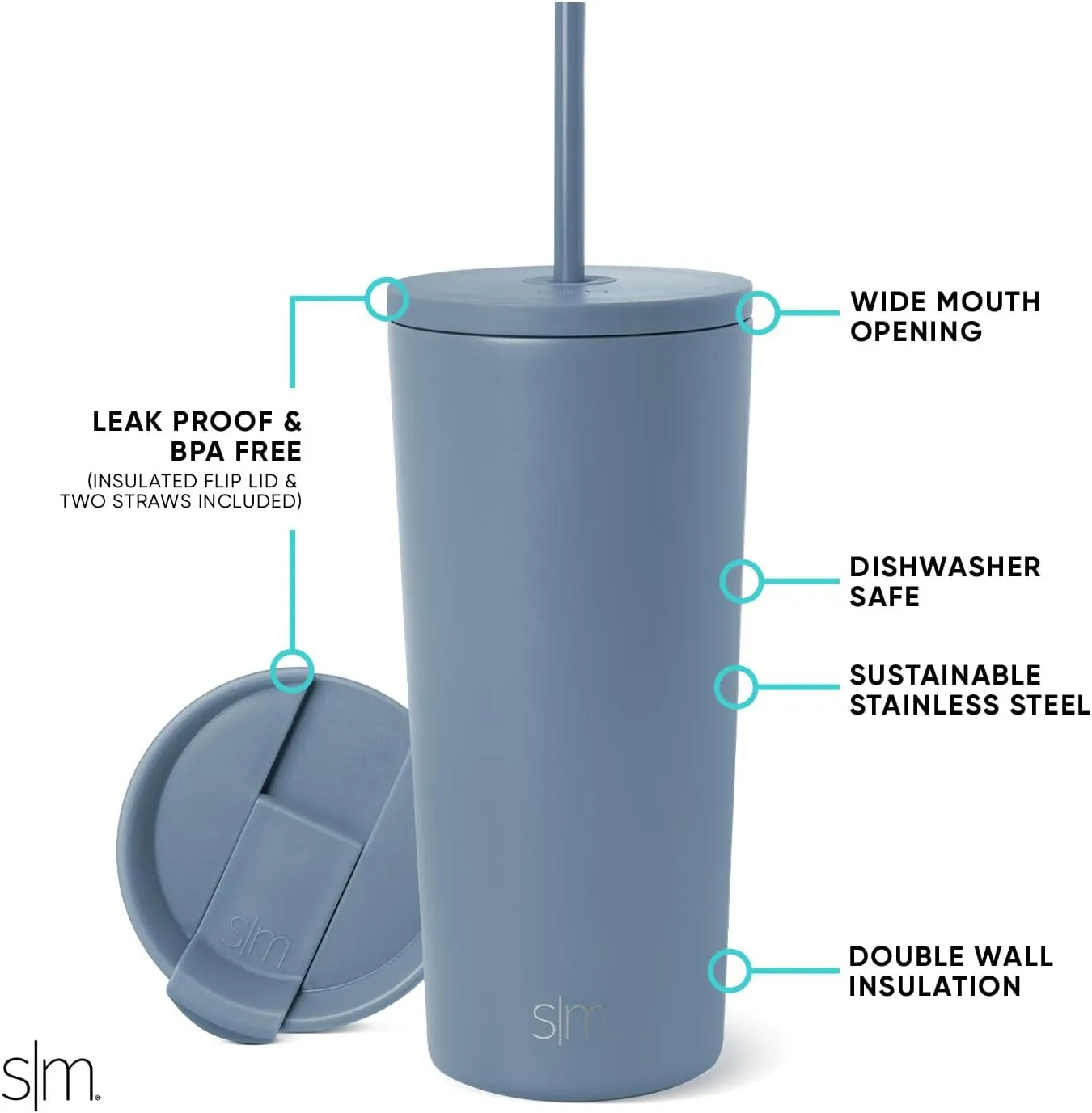 Simple Modern Insulated Tumbler with Lid and Straw | Iced Coffee Cup Reusable Stainless Steel Water Bottle Travel Mug | Gifts for Women Men Her Him | Classic Collection | 20oz | Blue Dune