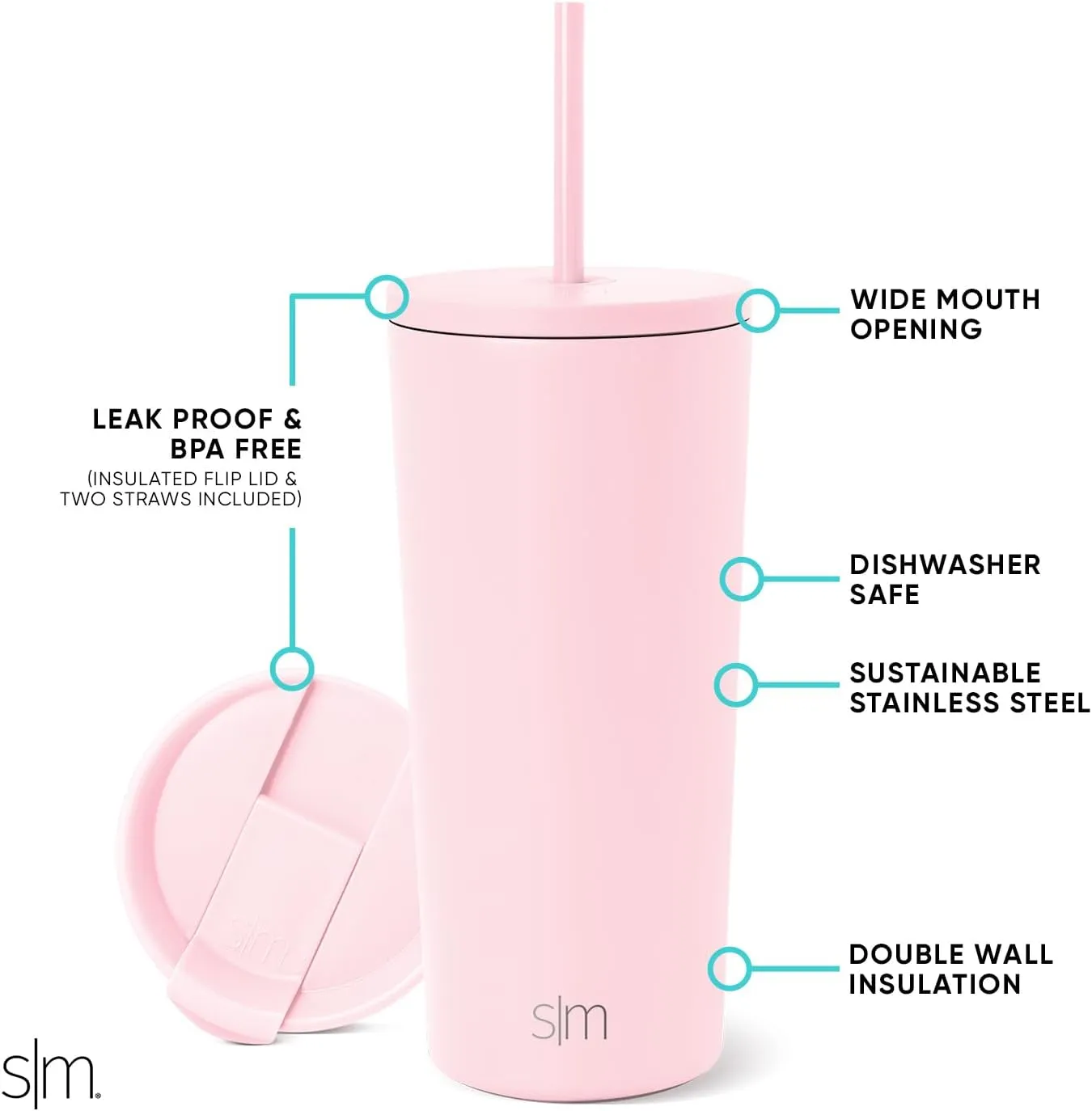 Simple Modern Insulated Tumbler with Lid and Straw | Iced Coffee Cup Reusable Stainless Steel Water Bottle Travel Mug | Gifts for Women Men Her Him | Classic Collection | 20oz | Blush