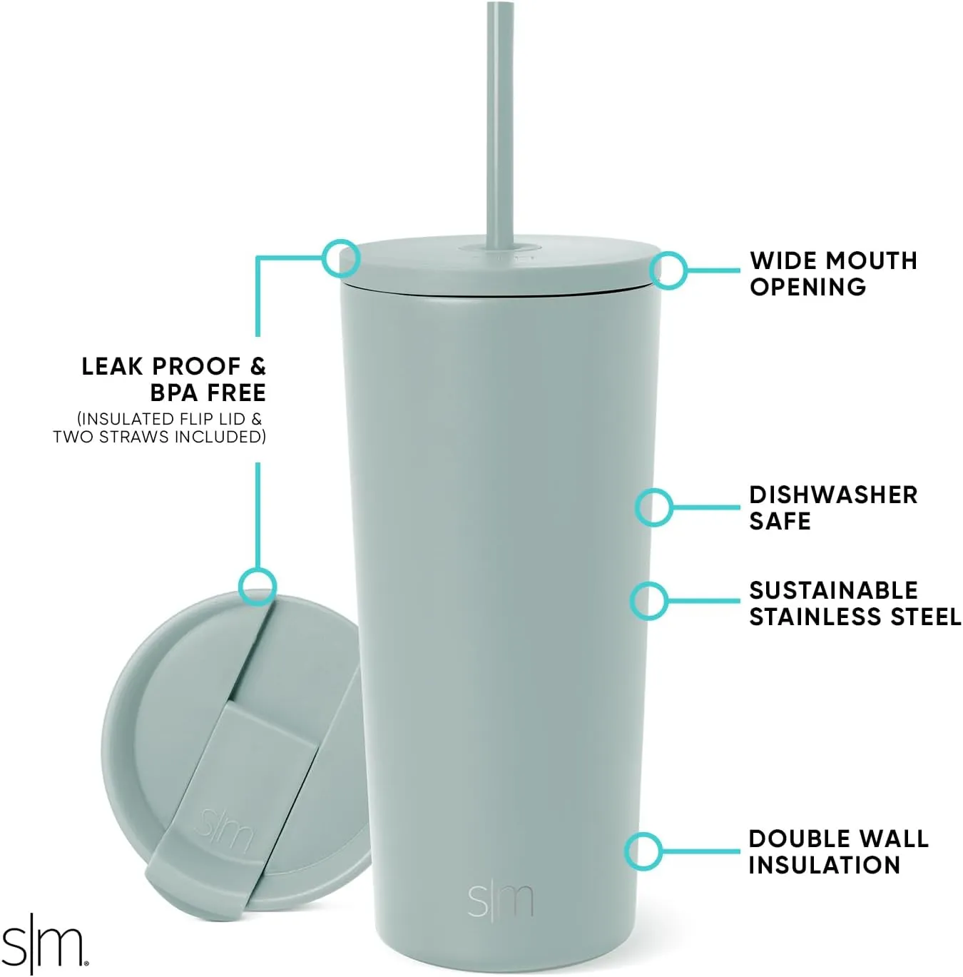 Simple Modern Insulated Tumbler with Lid and Straw | Iced Coffee Cup Reusable Stainless Steel Water Bottle Travel Mug | Gifts for Women Men Her Him | Classic Collection | 20oz | Sea Glass Sage