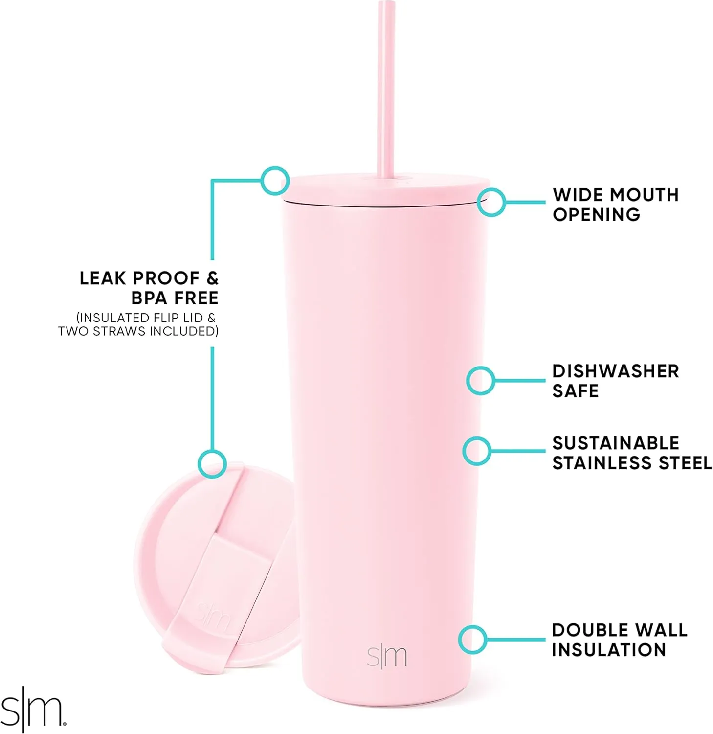 Simple Modern Insulated Tumbler with Lid and Straw | Iced Coffee Cup Reusable Stainless Steel Water Bottle Travel Mug | Gifts for Women Men Her Him | Classic Collection | 24oz | Blush