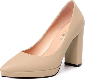SKYSTERRY Womens Fashion Platform Pointed Toe Wedding Matte Slip On Block High Heel Pumps Shoes 4 Inch